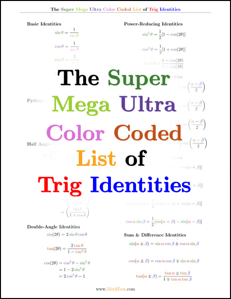 Trig identities are a bear to memorize. But with this color coded free download, they're just a bit easier! www. MathFour.com