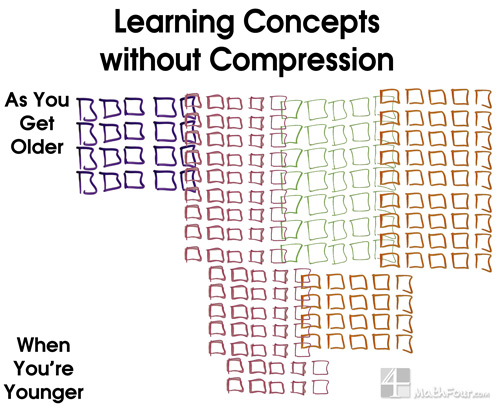 If your sense of number doesn't get established, your brain can't compress math learning. Could you use this principle to teach college algebra? http://mathfour.com/?p=10303